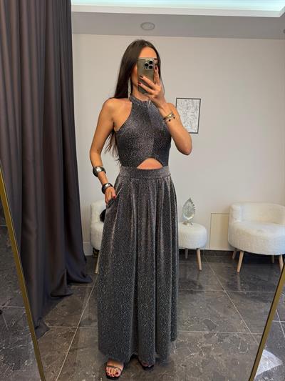 Halter Yaka Bel Dekoltelı Parıltılı Elbıse 