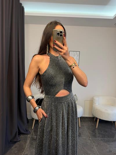 Halter Yaka Bel Dekoltelı Parıltılı Elbıse 