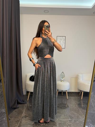 Halter Yaka Bel Dekoltelı Parıltılı Elbıse 
