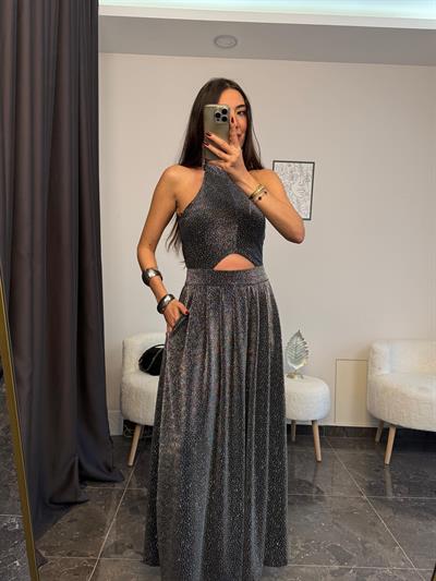Halter Yaka Bel Dekoltelı Parıltılı Elbıse 