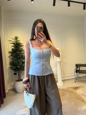 İndigo Mavisi Fermuarlı Bluz 