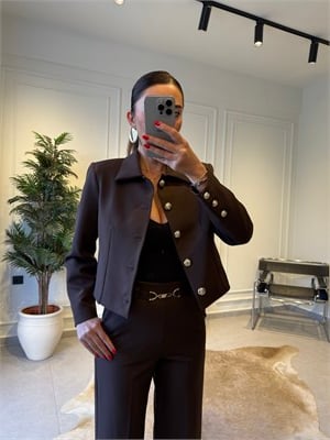 Kahve Gold Düğme Detaylı Ceket 