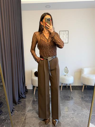 Kahve Kemerli Palazzo Pantolon 