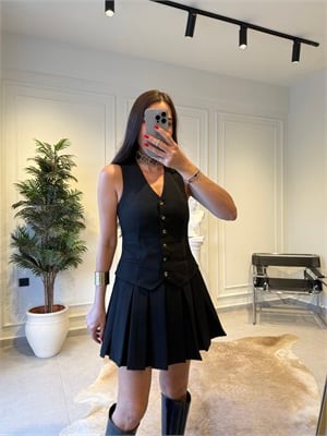 Kahve Yelek Görünümlü Pileli Elbise