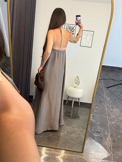 Kahverengi Halter Yaka Maxi Elbise