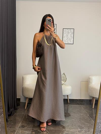 Kahverengi Halter Yaka Maxi Elbise