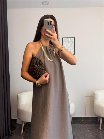 Kahverengi Halter Yaka Maxi Elbise