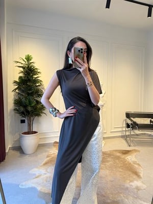 Kahverengi Örme Uzun Asimetrik Bluz 