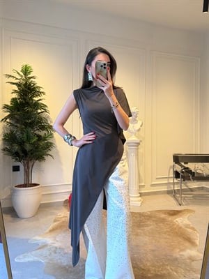 Kahverengi Örme Uzun Asimetrik Bluz 