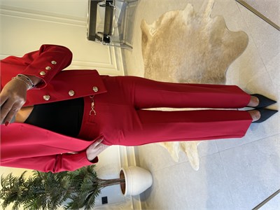 Kırmızı Geniş Toka Detaylı Geniş Paça Pantolon