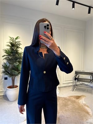 Lacivert Asimetrik Yaka Blazer Ceket
