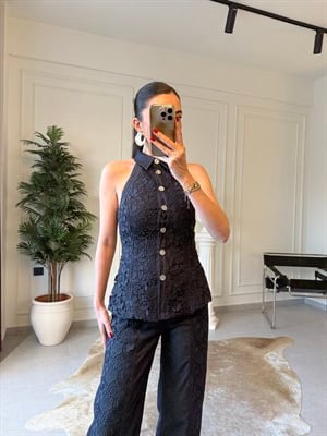 Lacivert Güpür İşlemeli Denim Takım