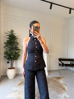 Lacivert Güpür İşlemeli Denim Takım