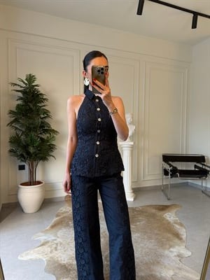 Lacivert Güpür İşlemeli Denim Takım