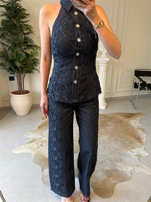 Lacivert Güpür İşlemeli Denim Takım