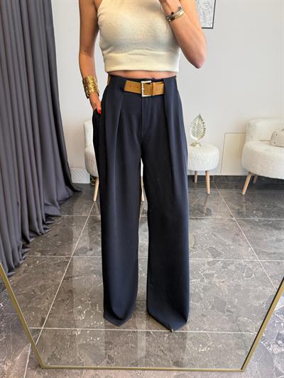 Lacivert Kemerli Palazzo Pantolon 