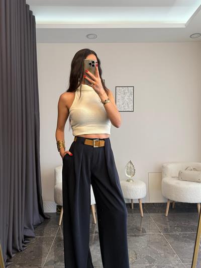 Lacivert Kemerli Palazzo Pantolon 