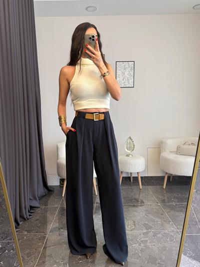 Lacivert Kemerli Palazzo Pantolon 