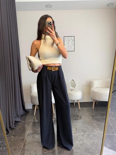 Lacivert Kemerli Palazzo Pantolon 