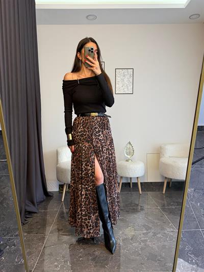 Leopar Desen Boydan Düğmeli Etek 