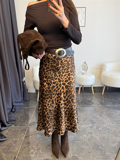 Leopar Desen Saten Midi Etek