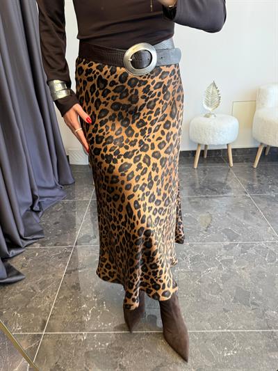 Leopar Desen Saten Midi Etek