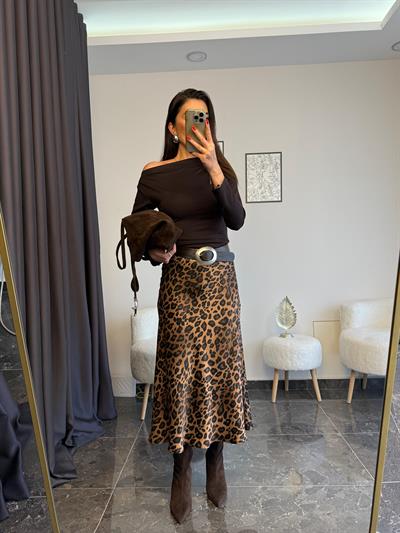 Leopar Desen Saten Midi Etek