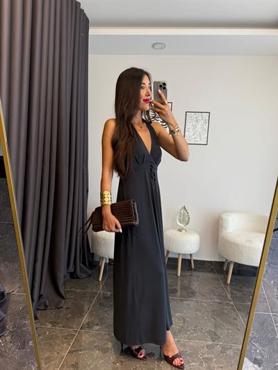 Modal Kumaş Halter Yaka Kruvaze Detaylı Midi Elbise