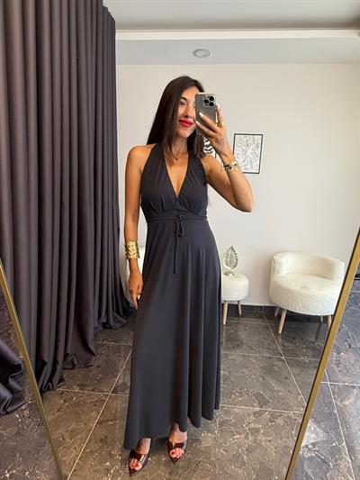 Modal Kumaş Halter Yaka Kruvaze Detaylı Midi Elbise