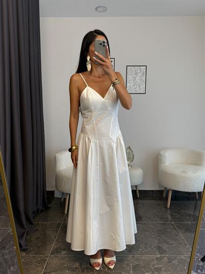 Pamuklu Ayarlanabilir Askılı Maxi Ekru Elbise