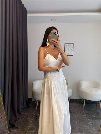 Pamuklu Ayarlanabilir Askılı Maxi Ekru Elbise