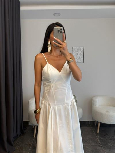 Pamuklu Ayarlanabilir Askılı Maxi Ekru Elbise