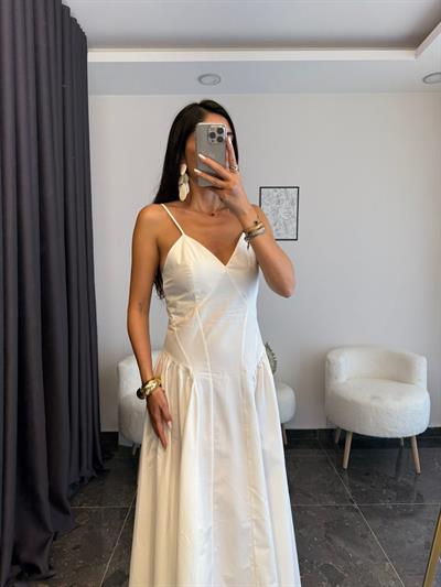 Pamuklu Ayarlanabilir Askılı Maxi Ekru Elbise