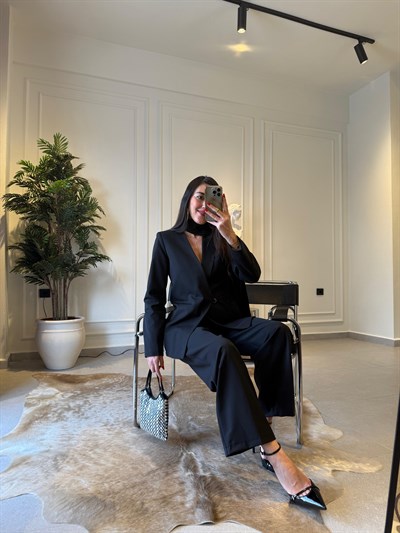 Premium Siyah Şal Detaylı Ceket Palazzo Takımı