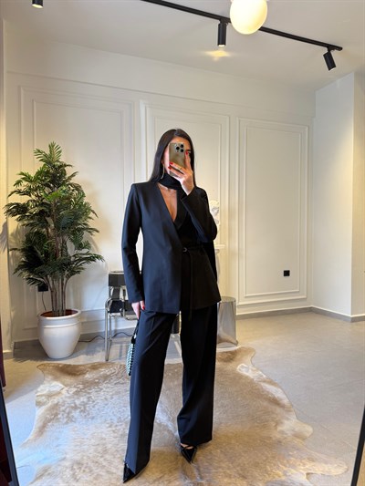 Premium Siyah Şal Detaylı Ceket Palazzo Takımı