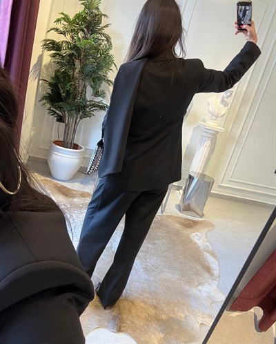 Premium Siyah Şal Detaylı Ceket Palazzo Takımı