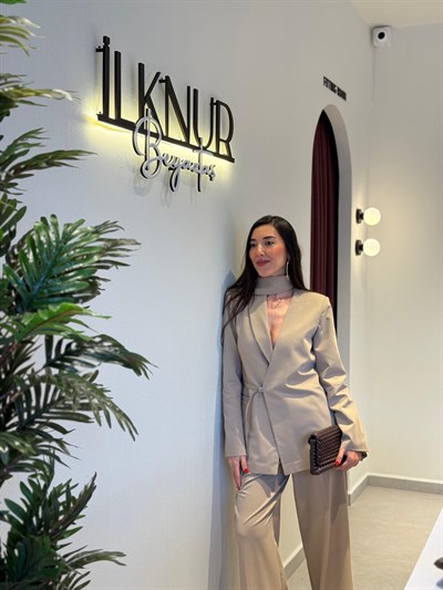 Premium Taş Renk Şal Detaylı Ceket Palazzo Takımı 