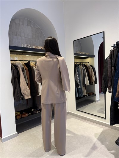Premium Taş Renk Şal Detaylı Ceket Palazzo Takımı 
