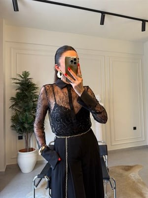 Siyah Dantel Slim Fit Gömlek