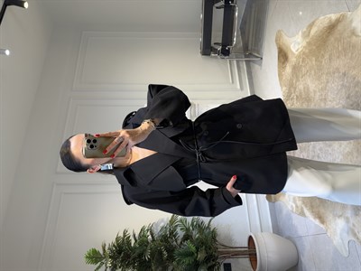 Siyah Deri İp Kemerli Trençkot