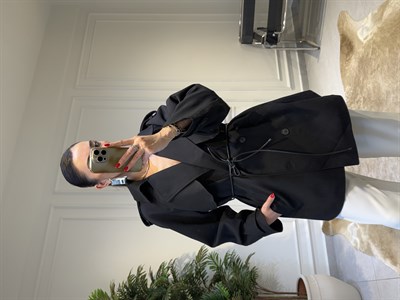 Siyah Deri İp Kemerli Trençkot