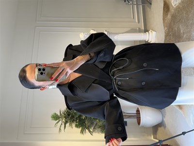 Siyah Deri İp Kemerli Trençkot