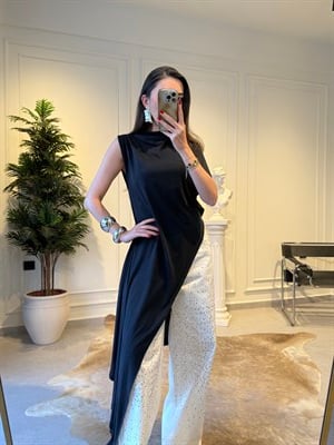 Siyah Örme Uzun Asimetrik Bluz