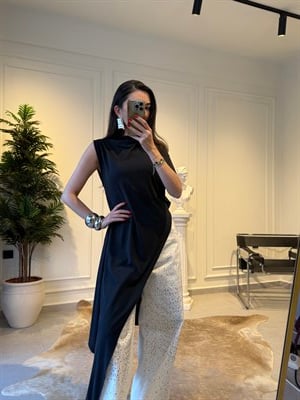 Siyah Örme Uzun Asimetrik Bluz