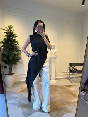 Siyah Örme Uzun Asimetrik Bluz