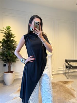 Siyah Örme Uzun Asimetrik Bluz