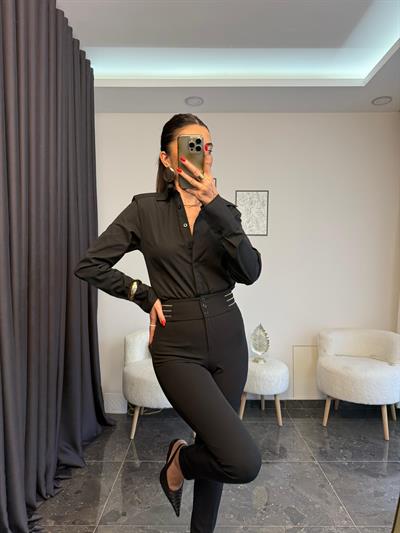 Siyah Vatkalı Omzu Dikişli Slim Fit Gömlek 