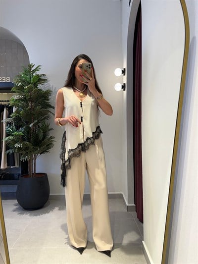 Taş Tek Pile Detaylı Palazzo Pantolon 