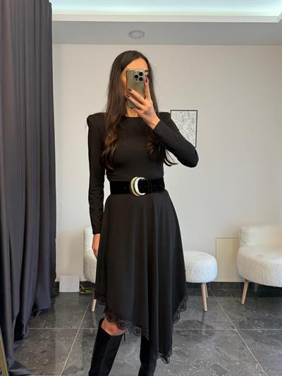 Vatkalı Dantel Detaylı Viskon Elbise