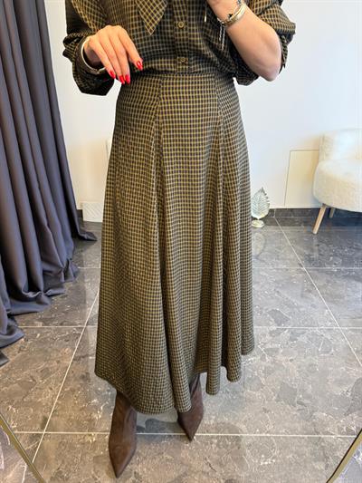 Vintage Haki Ekose Fularlı Etek Gömlek Takım